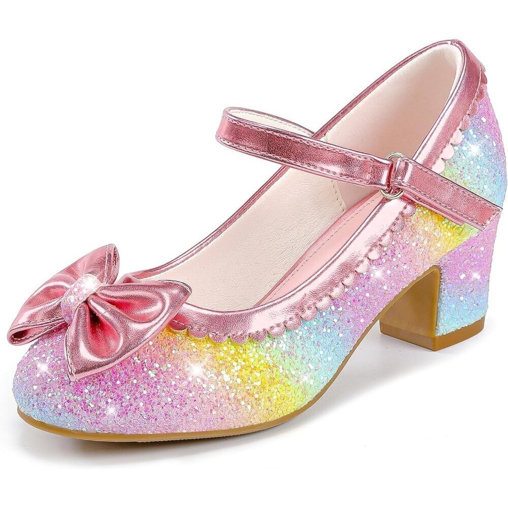 Girls Rainbow Sequins Cute Bow-knot Sparkle Mary Jane Flower Wedding Dress Shoes